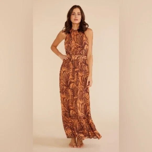MINKPINK $140 NWT Women's Finley Maxi Halter Dress Orange Brown Floral Large - Picture 1 of 7